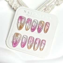 MouyouGlow 30 Pieces Press on Nails Kurz,Almond Gradient Rosa 3D Bubble Blumen Floral Fantasy Cat Eye Magnetic Y2K Fake Nails mit Nagelkleber,Ombre Pink Phototherapy INS Künstliche Fingernägel