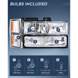 Nilight Headlight Assembly Compatible with 1994 1995 1996 1997 1998 Chevy Silverado Tahoe Suburban C10 C/K 1500 2500 3500 Replacement Headlamp Chrome Housing Amber Reflector Bumper Corner Lamp