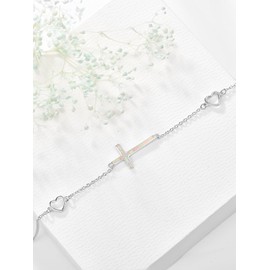 TANGPOET Dainty Opal Cross Bracelet for Women 925 Sterling Silver Eternal Faith Christian Religious Bracelet Jewellery Gifts for Birthday Christmas,7"+2" Adjustable Chain