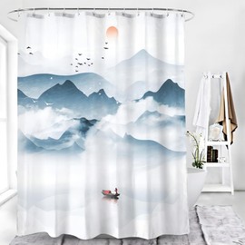 ELELINK Mountain Shower Curtain 72x72 Inch Blue Oriental Zen Landscape Ink Painting Foggy Hills Lake Art for Man Bathroom Distant Blue Decoration Bath Curtain with 12 Hooks