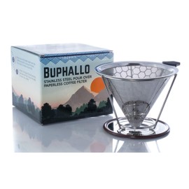 Buphallo Stainless Steel Pour Over Cone Coffee Dripper – Reusable Permanent Paperless Filter with Removable Stand