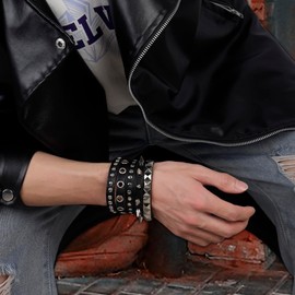 MILAKOO 5-rows Punk Studded Bracelet Cuff for 80s Party Accessories for Women Men Black Wristband