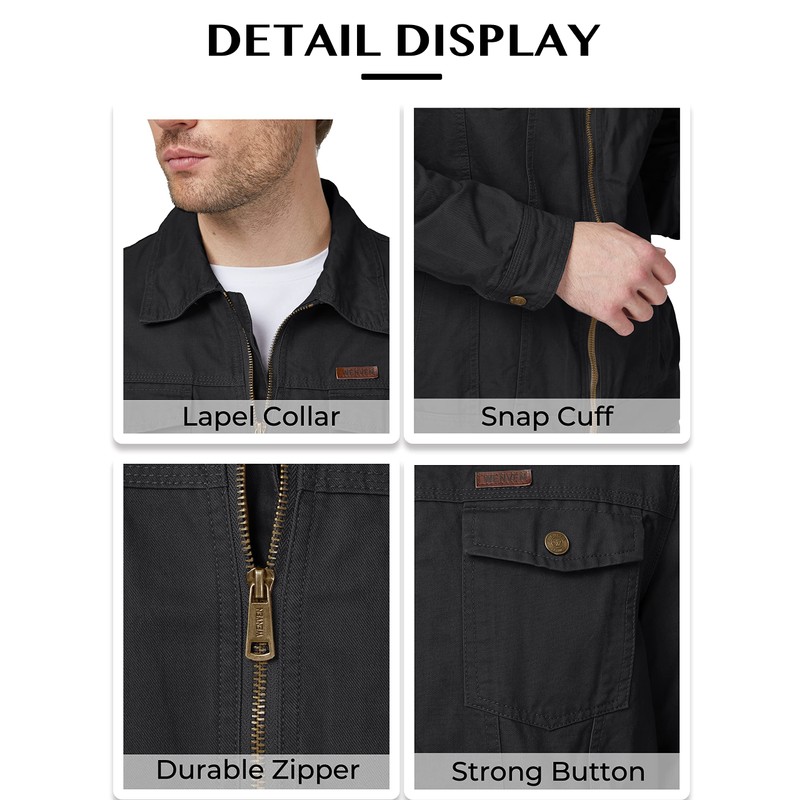 WenVen Men's Casual Cotton Jacket Canvas Military Field Jacket (B-Black,M)