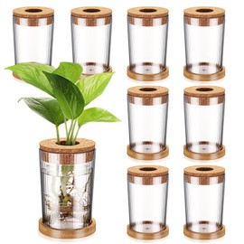 Baderke 9 Packs Propagation Vases for Plants Plastic Plant Propagation Station with Hole Lid and Bamboo Stand Plant Growing in Water Hydroponic Home Office Table Decoration(Stripe Style)