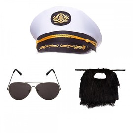 Yacht Captain Hat + Aviator Style Sunglasses + Black Beard : Adult Mens Costume Accessories Set Boat Sailor Ship Skipper Cap Sea Fancy Dress