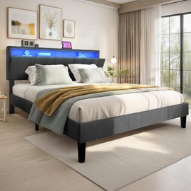 DWVO King Size Bed Frame with Storage Headboard, Upholstered Bed Frame with LED Lights, Platform Bed with Charging Station, No Box Spring Needed, Easy Assembly, Grey