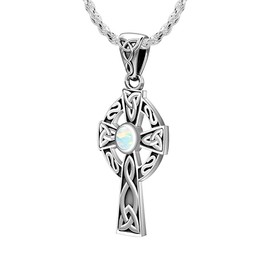 US Jewels Ladies 925 Sterling Silver Synthetic Opal October Birthstone Jewish 23mm Celtic Knot Cross Pendant 1.4mm Rope Necklace, 18in