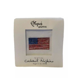 French Graffiti Hemstitched Linen Cocktail Napkins Custom Printed US Flag Set /4