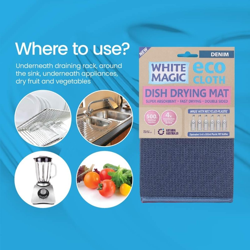White Magic Dish Drying Mat, Denim - Absorbent & Hygienic,