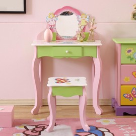 EVLIQUIL Kids Vanity Set with Stool, Wooden Makeup Dresser Table with Mirror, Flower Fairy Design with Storage Drawer, Safety Anti-Tip for Girls Age 3 and Up