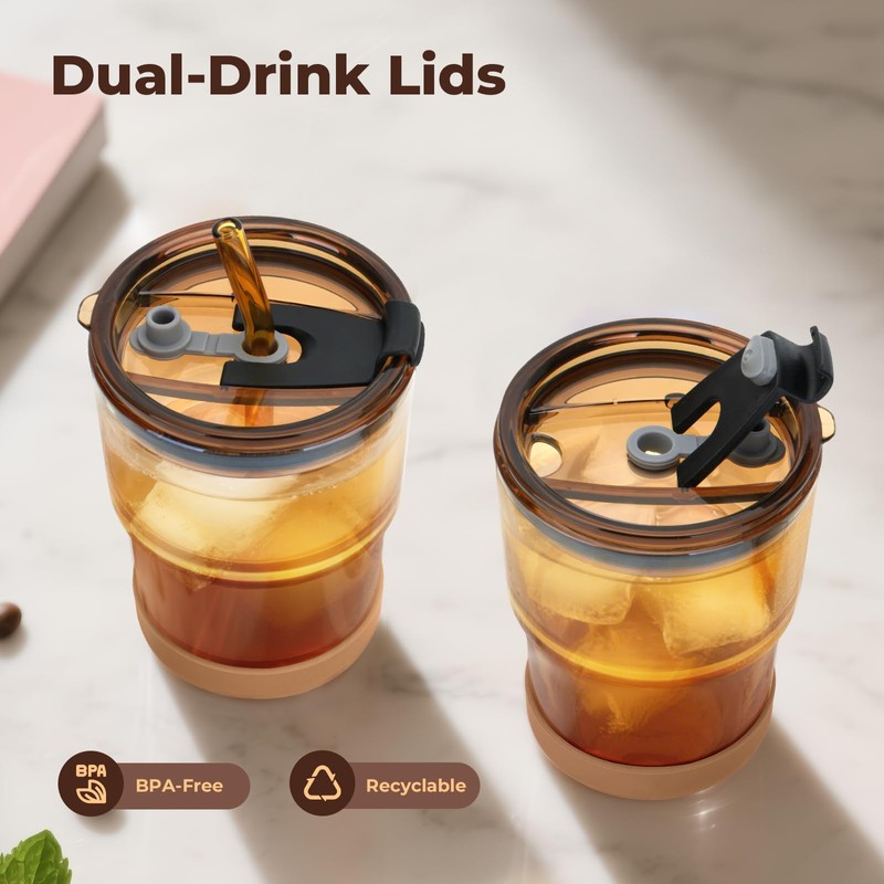 Zukro 13 oz Glass Iced Coffee Cups with Lid and