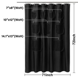 N&Y HOME Waterproof Fabric Shower Curtain or Liner with 9 Mesh Pockets - Black, 71x72 Inches