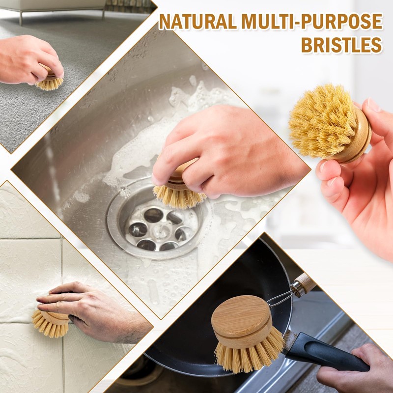 6Pcs Bamboo Dish Brush Soft Sisal Bristle Dish Washing Brush