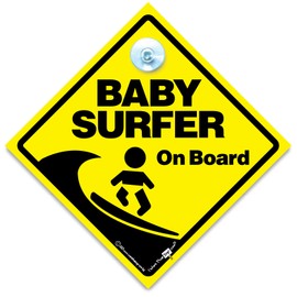 Baby Surfer On Board Car Sign, Yellow and Black Baby on Board Sign For Surfer Babies, Vehicle Sign With Suction Cup Attachment Designed To Notify Other Drivers That You Have Baby in the Car/Vehicle