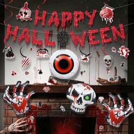 Chilfamy Halloween Party Decorations - Blood Happy Halloween Banner, Horror Hanging Decors, Skull Eyes Severed Hands Foil Balloons, Scary Tattoo Stickers for Home Office Helloween Theme Party Events