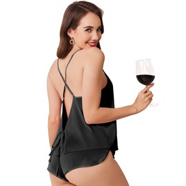 Ekouaer Womens Satin Pajama Sets Silky Backless Pjs Camisole Top and Shorts Soft Nightwear Set Black S