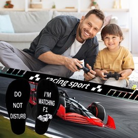 Funny Socks for Men, Novelty Socks DO NOT DISTURB I'M WATCHING F1 Formula 1 Socks Non-Slip Calf Socks with Grippers F1 Gifts Christmas Birthday Present for Men Who Have Everything Teenage Boys (F1)