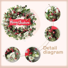 idyllic 22 Inch Artificial Christmas Wreaths for Front Door, Winter Spring Decoration Wreath with Red Berry Lamb Leaves, Evergreen Natural Wreath for Indoor Outdoor Farmhouse Festival Home Decor