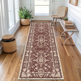 KIRFEIHT Vintage 2x6 Hallway Runner Rug Machine Washable Non Slip Area Rug with Rubber Backing Soft No Shedding Red Floral Carpet Runner for Kitchen,Bedroom,Laundry Room,Bathroom,Entrance