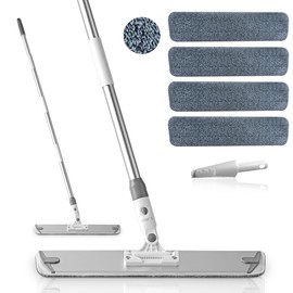 Flat Microfiber Mop for Floor Cleaning, 18 inch (17.7 in/45 cm) Aluminum Base, Adjustable Stainless Steel Handle 29.5 to 52 in, 360-Degree Swivel, Dry & Wet, 4 Washable Pads - LJGG