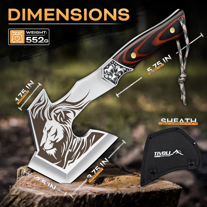 TIVOLI Camping Axe, Lion - Patterned Survival Hatchet with Nylon