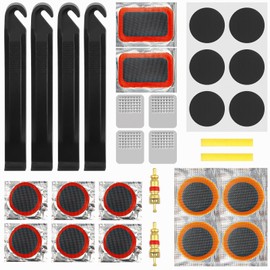 30 PCS Bike Tire Repair Kit Professional Bike Inner Tire Patch Repair Kit, 12 PCS Vulcanizing Patches 6 Pcs Pre Glued Patchs & Metal Rasp and Adapted Valve Cores Lever, Bycicle Tube Puncture Kit