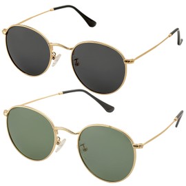 Small Round Polarized Sunglasses for Men Women Classic Circle Metal Frame Sun Glasses 2 Pack (Gold/Black + Gold/G15)