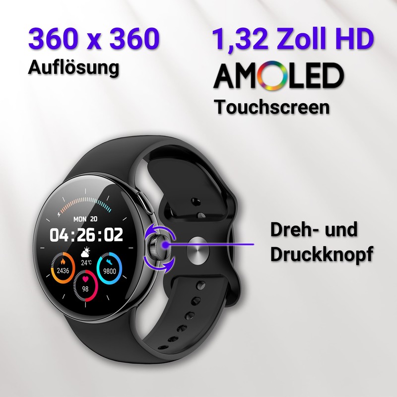 SmartWatch XINJI N2 with Bluetooth, AMOLED Touch Panel, Pulse/HRV/Blood Oxygen