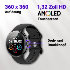 SmartWatch XINJI N2 with Bluetooth, AMOLED Touch Panel, Pulse/HRV/Blood Oxygen Measurement, Sleep Monitor, Music Memory, Calories/Pedometer, Notification Function, App, Waterproof, Black