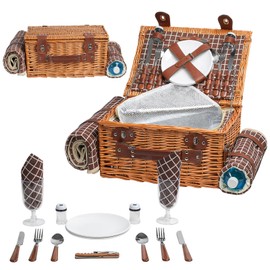 Double Picnic Basket with Large,Insulated Cooler Bag and Waterproof Picnic Blanket, Handmade Wicker Basket Set with Cutlery for Picnics, Camping, Beach