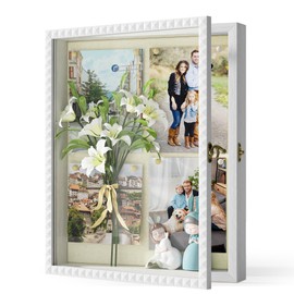 SZQINJI Shadow Box Frame 13x16 Deep Memory Box White Shadow Boxes Display Cases Large with Front Opening Vintage Lock Diamond Shape Door for Wedding Graduation Baby Flower Pet Memorial Keepsakes White