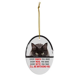 Every Snack You Make I'll Be Watching You Black Maine Coon Cat Christmas Ornament - Funny White Oval Ceramic Decoration Gifts for Cat Lovers