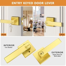 Probrico Brushed Gold Keyed Alike Entry Door Handle Knob Square Heavy Duty Satin Brass Door Lever Lockset Reversible for Exterior and Interior Doors, 2 Pack