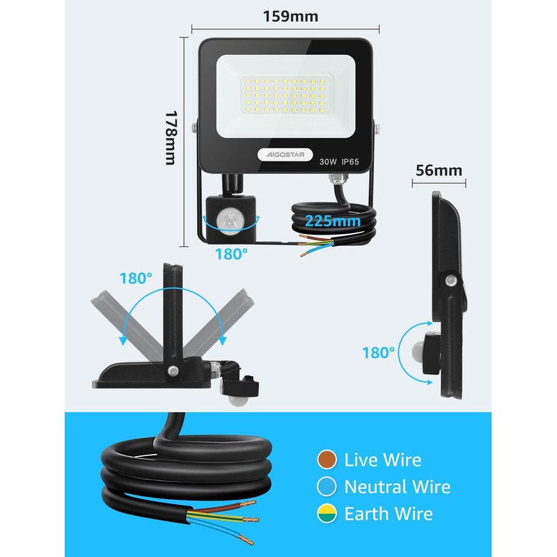 Aigostar PIR Outdoor Sensor Light, 30W Motion Sensor Flood Lights,