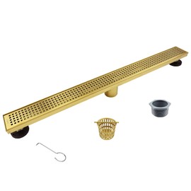 Bernkot Linear Shower Drain 30", 304 Stainless Steel Floor Drain with Hair Strainer, Rectangular Shower Drain/CUPC Certified, Brushed Gold