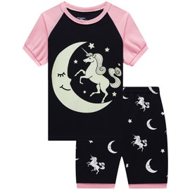 Little Girls Glow in Dark Unicorn Pajamas 2 Piece Short Sets 100% Cotton Sleepwear Toddler Clothes Moon Style Baby PJs (Navy Unicorn-6304-2T)