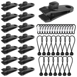 45 PCS Outdoor Tarp Clips, Heavy Duty Lock Grips, Thumb Screw Tent Clip, 15 Tarp Clips with 15 Bungee Cords and 15 Carabiners, Windproof Tent Clips for Camping, Hiking, Boat Covers