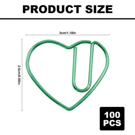 100Pcs Heart Paper Clips, Cute Metal Paperclips, Love Heart Shaped Paperclips, Stainless Steel Paper Clips for Bookmark Paper Document Sorting and Organizing (Green)