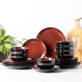 LeRatio Ceramic Dinnerware Sets for 6,Stoneware Plates and Bowls Sets,Handmade Reactive Glaze Dishes Set,Chip Resistant and Scratch Resistant | Oven&Dishwasher & Microwave Safe,Service for 6-Red
