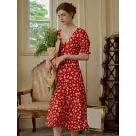 Simple Retro Annie Charming Floral Print Elegant Red Dress Size Medium