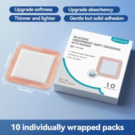 Dimora Silicone Super Absorbent Wound Dressings - Gentle Adhesive Bandages with Ultrasorb Polymer,Heavy Exudate Wound Care Pads 6"X 6" 10 Packs