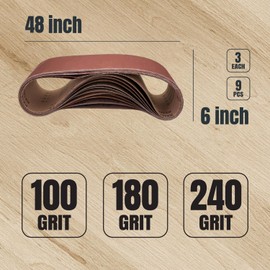 POWERTEC 6 x 48 Inch Sanding Belts, 9PK, 3 Each of 100/180/240 Grits, Aluminum Oxide Belt Sander Sanding Belt Assortment for Bench Belt Sander, Wood & Paint Sanding, Metal Polishing (11022-1)