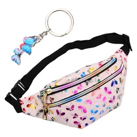 Wisebom Bum Bag for Children, Girls Belt Bag with Butterfly Pendant, Multifunctional Waist Bag, PU Leather, Colourful Waist Bag with Adjustable Strap for Travel, Party, Hiking, pink, Fashion