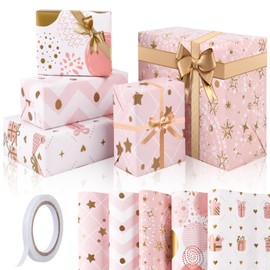 GAOHUI Pink Wrapping Paper, Cute Girls Birthday Wrapping Paper Female - 5pcs Wrapping Paper Sheets Perfect for Mother Day, Valentine Day, Birthday, Wedding, Baby Shower with Tape(70cm X 50cm)