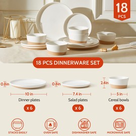 Sweese 18 Pieces Porcelain Dinnerware Set, Modern Dish Set for 6, Hand Painted Kitchen Plates and Bowls Sets, Scratch Resistant Dishware Sets, Dishwasher & Microwave & Oven Safe Dinner Set, Brown