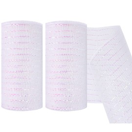 MIKIMIQI 2 Pack Deco Mesh 5.9 Inch x 30 Feet Decor Mesh Ribbon with Metallic Foil Deco Mesh Wreath Supplies Ribbons Mesh Roll for Spring Wreaths, Swags, Craft, Party Decoration (White AB)