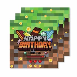 ParPix Pack of 20 Pixel Motif Happy Birthday Napkins, Pixel Napkins Children's Birthday, Napkins Birthday Girls Boys, Pixel Children's Birthday Napkins, Mine Gamer Napkins, Happy Birthday