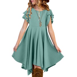 blibean Tween Girls Summer Dress Boho Short Sleeve Dresses Solid Clothes High Low Outfits Preteen Trendy Clothing Size 6-7 Year Old Olive Green