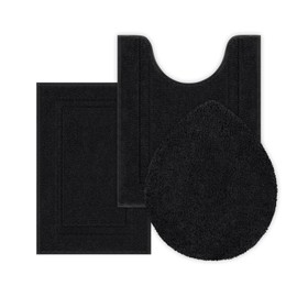 SHACOS Bathroom Rugs Sets 3 Piece with Toilet Lid Cover, 16"x24"Bath Mat and 20"x24" U-Shape Contoured Toilet Mat Machine Washable Shaggy Absorbent Bath Rugs (Black)