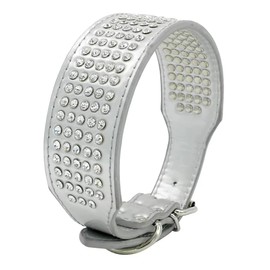 Berry Pet Rhinestones Dog Collars - 2 Inch Wide & 5 Rows Full Sparkly Crystal Diamonds Studded PU Leather - Beautiful Bling Pet Appearance for Medium & Large Dogs,15-18" White Silver